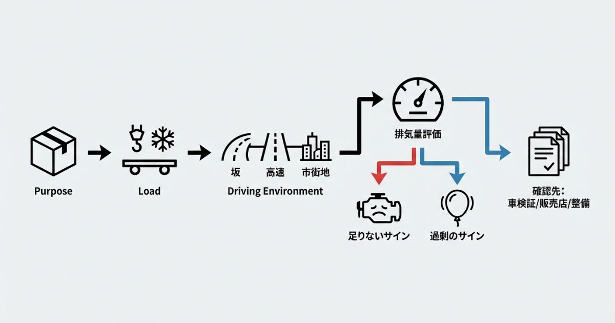 用途・負荷・走行環境から排気量の過不足を判断する流れを示す文字なし図解