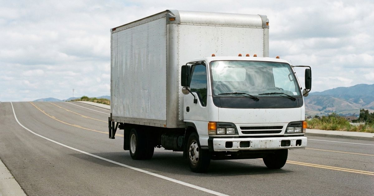 坂道のある道路を走る小型〜中型トラックの写真風イメージ