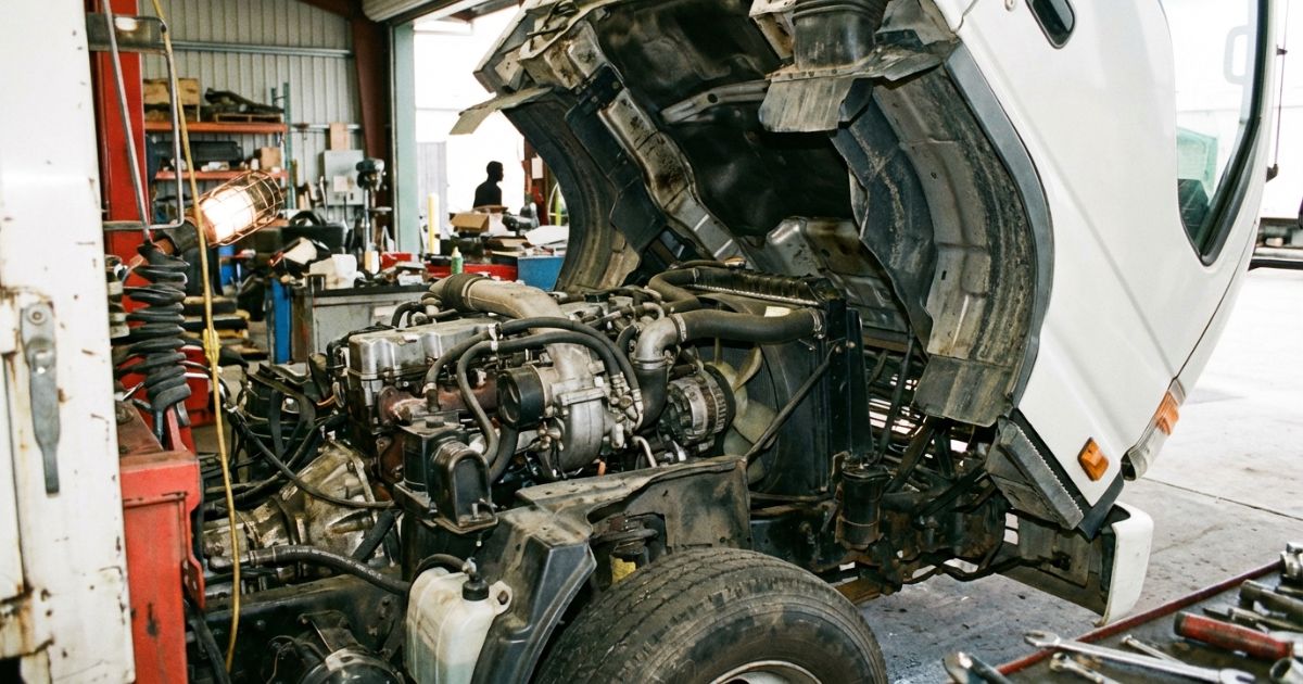 トラックのキャブを上げてエンジンルームを点検する現場イメージの写真風アイキャッチ