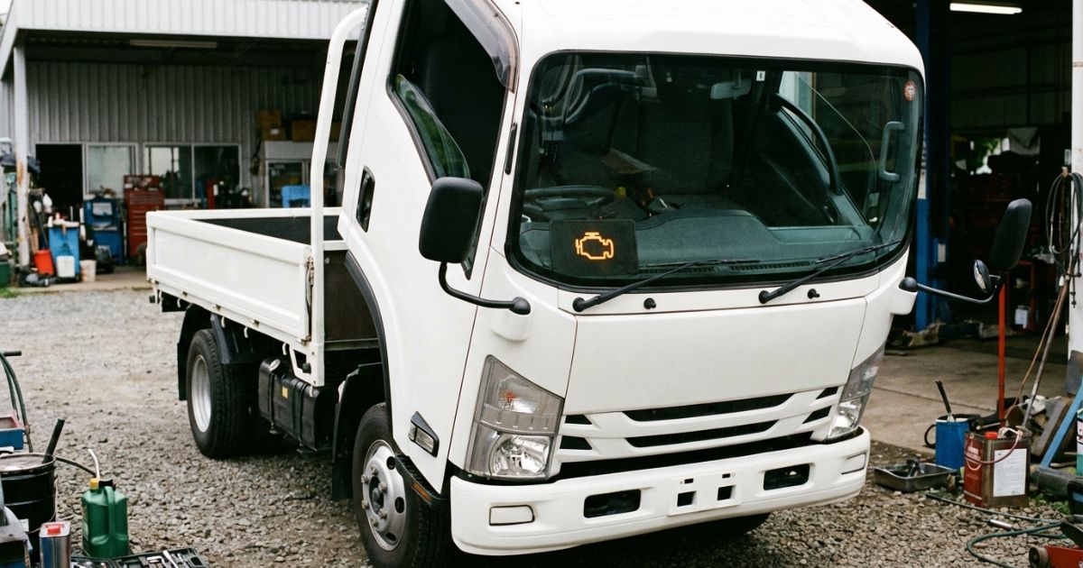 エンジン警告灯が点灯したトラックを整備ヤードで確認している写真風イメージ