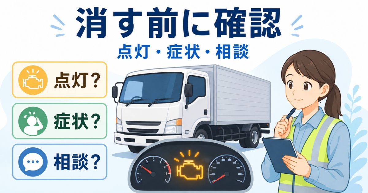 エンジン警告灯は消す前に点灯状態や症状を確認して整備相談へ進むことを示すアイキャッチ画像