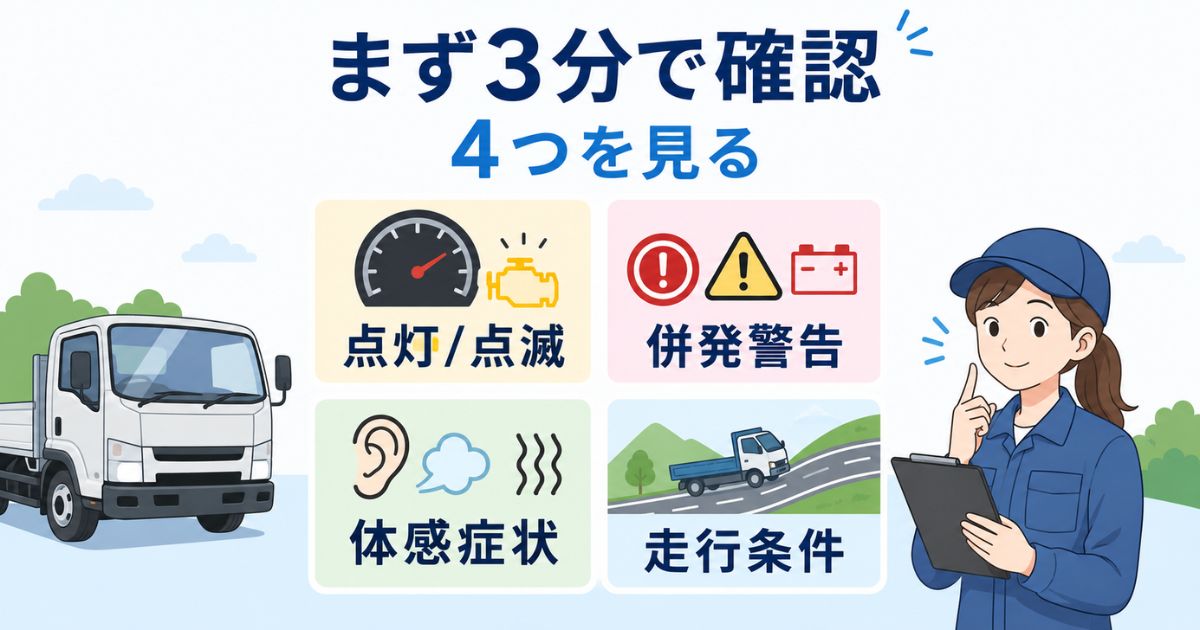 エンジン警告灯は消す前に点灯状態や症状を確認して整備相談へ進むことを示すアイキャッチ画像