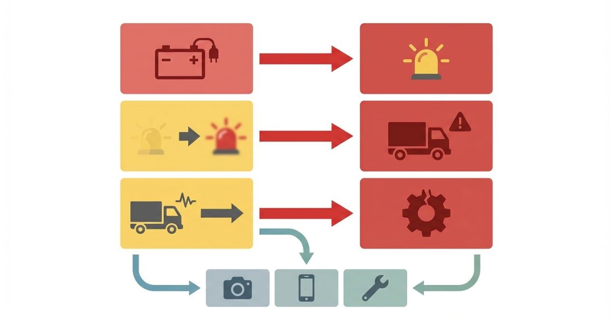 バッテリー脱着や誤判断が再点灯や故障拡大につながる流れを示す図解