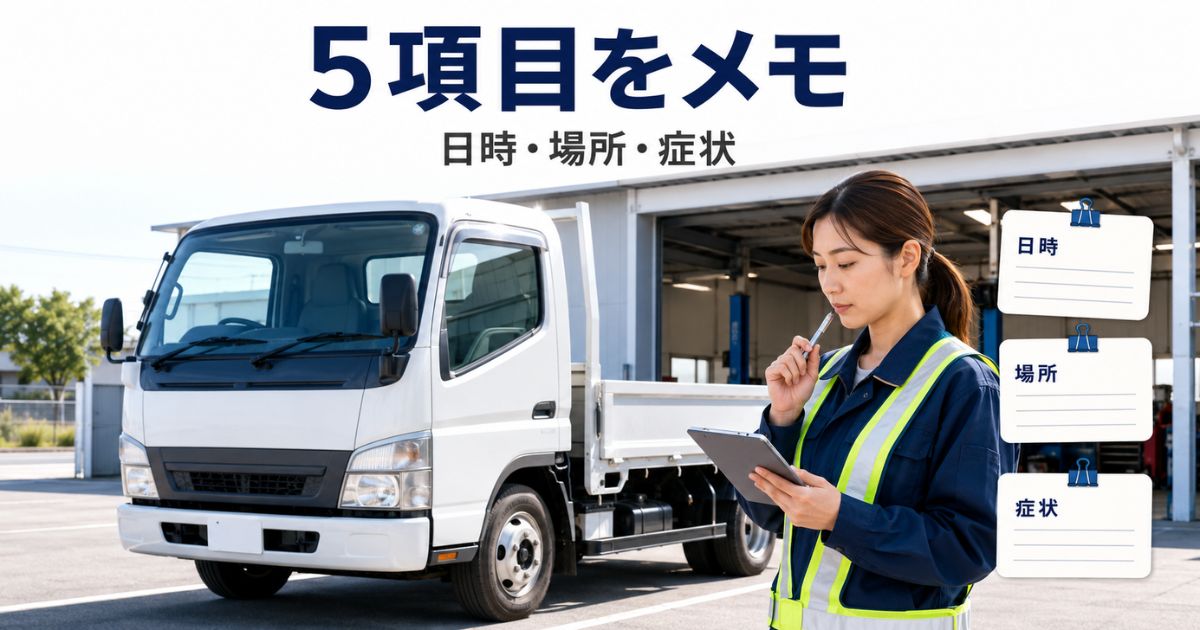 整備工場へ相談する前に日時・場所・症状など5項目をメモする様子を示す写真風画像