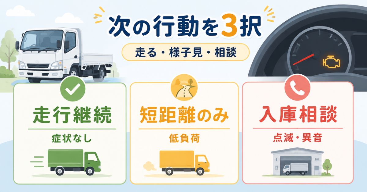 エンジン警告灯点灯時の行動を走行継続・短距離の様子見・入庫相談の3択で整理した図解