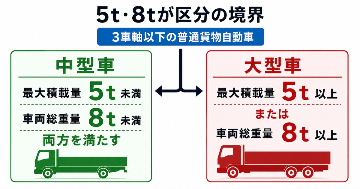 3車軸以下の普通貨物自動車で最大積載量5tと車両総重量8tを境に中型車と大型車を比較した図解