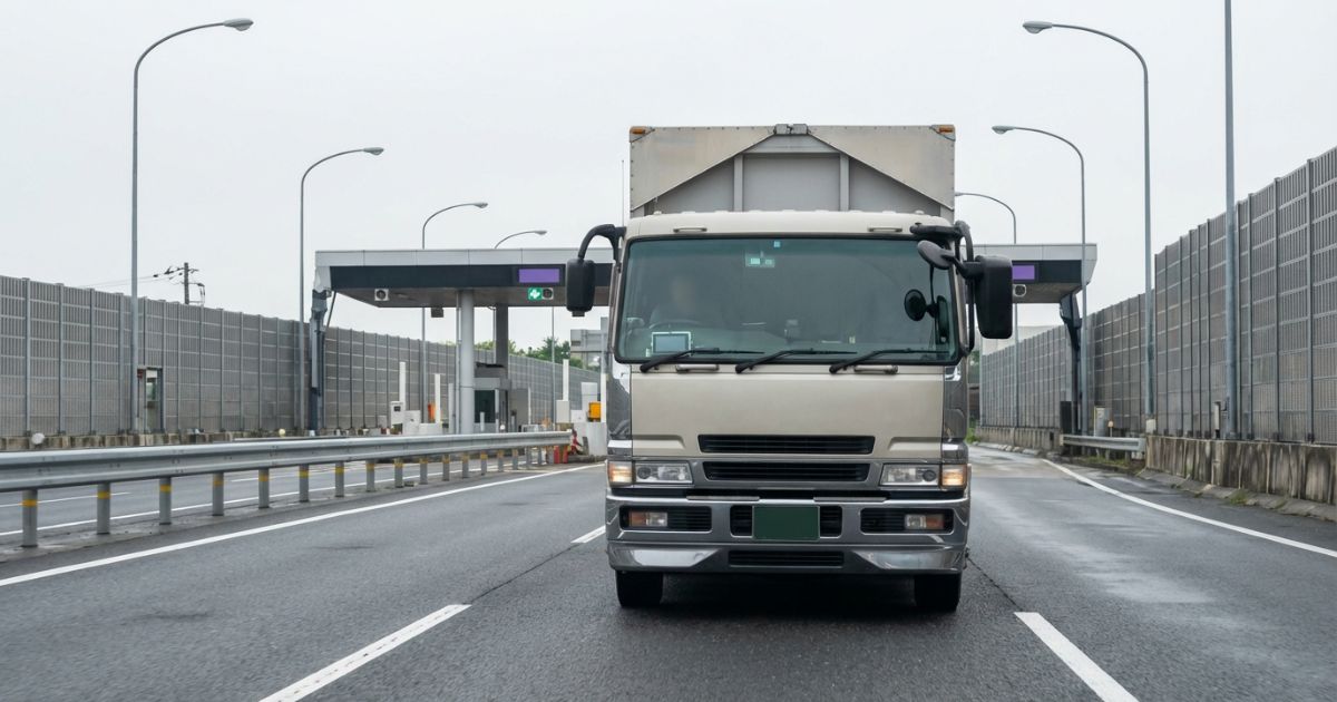 高速道路のETCレーンへ進入する無地のトラックを車外から撮影した写真