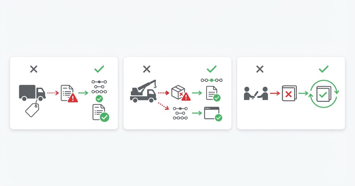 ETC車種区分の誤認で起きる見積りズレや引き継ぎミスを対比で示した文字なし図解