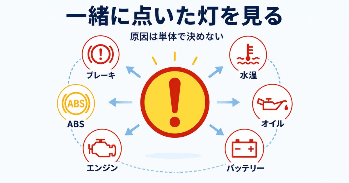 ビックリマークと一緒に点灯しやすい警告灯を確認する流れを示す図解
