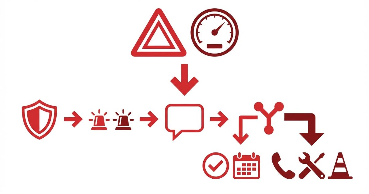 ビックリマーク点灯時に安全確保から内容確認と行動分岐までを整理する一次判断フロー図解