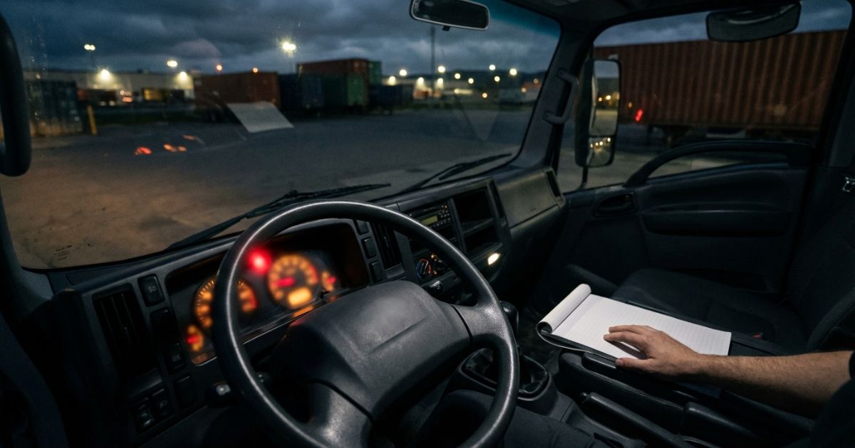 トラックのメーターに警告が出て停車して確認する必要がある状況を示す写真風イメージ