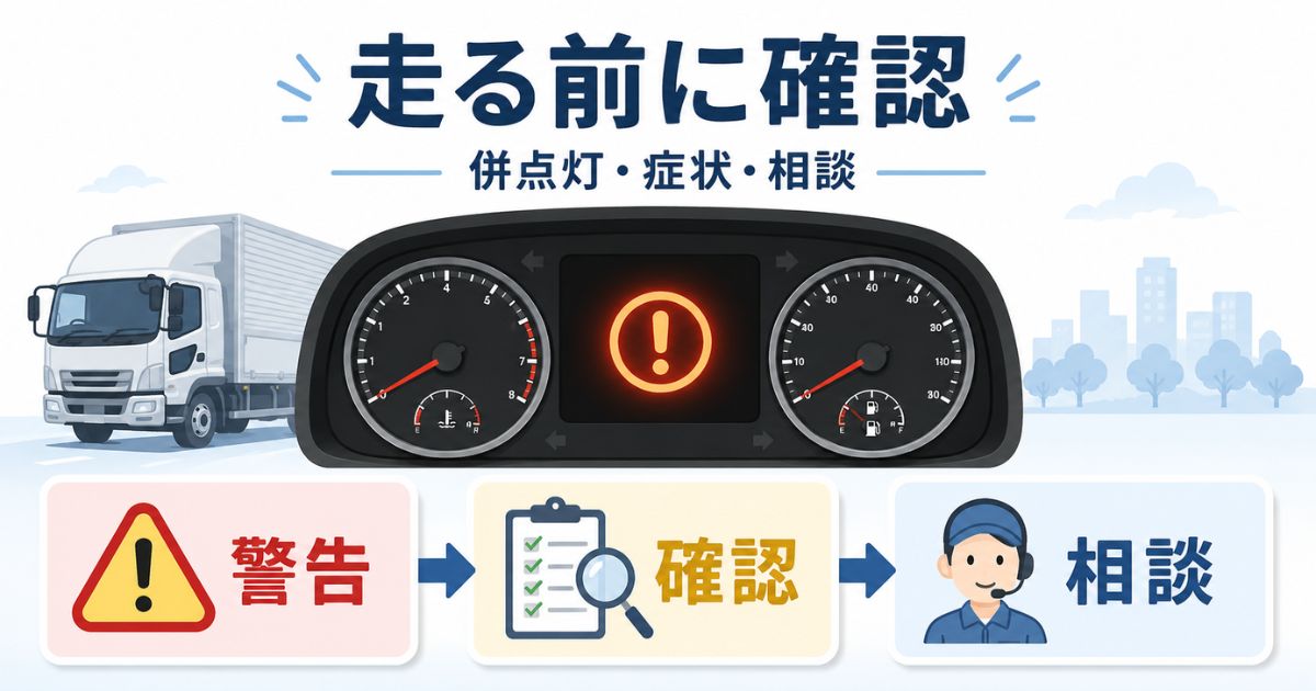 トラックのビックリマーク点灯時に走る前の確認と相談を促す結論型アイキャッチ画像