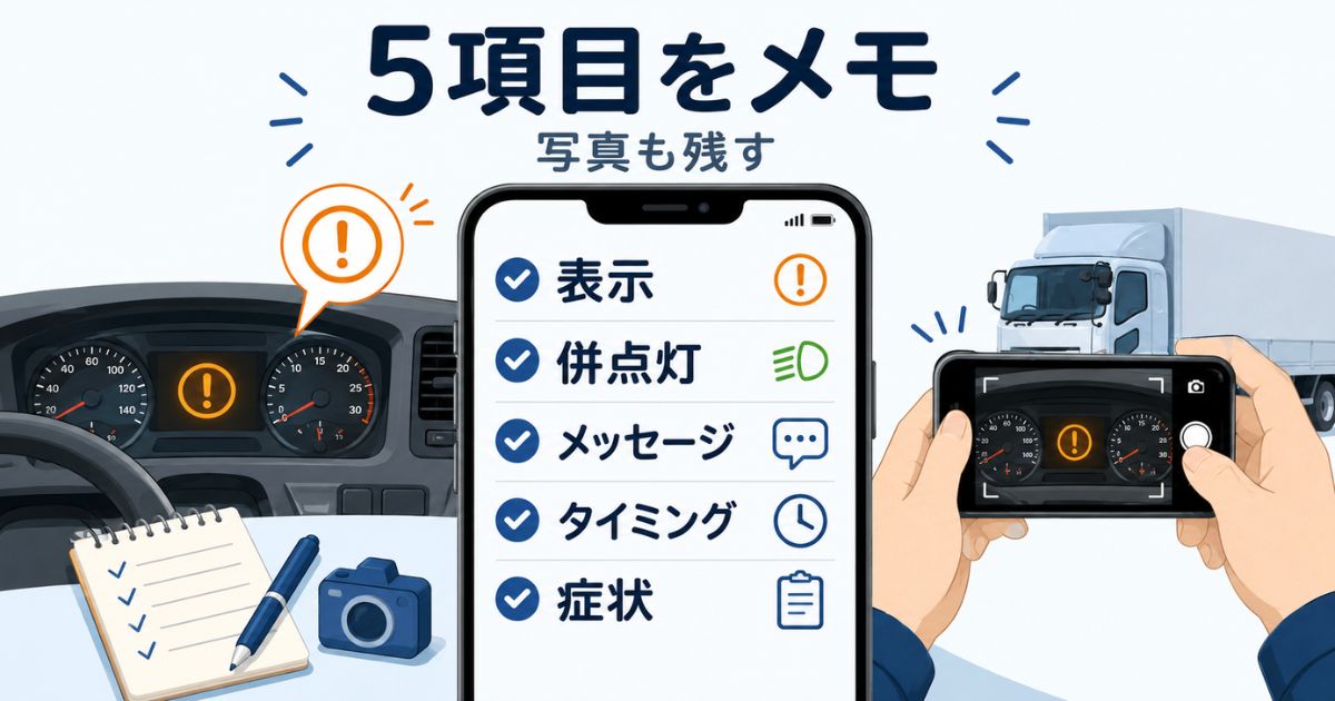 整備工場へ伝える表示や併点灯や症状など5項目メモを整理した図解