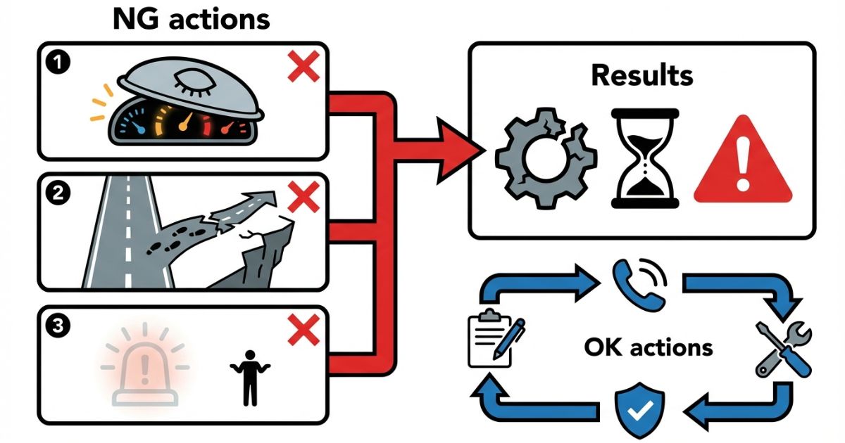 放置や自己判断で走行継続するとトラブルが拡大するリスクと回避行動を示す図解