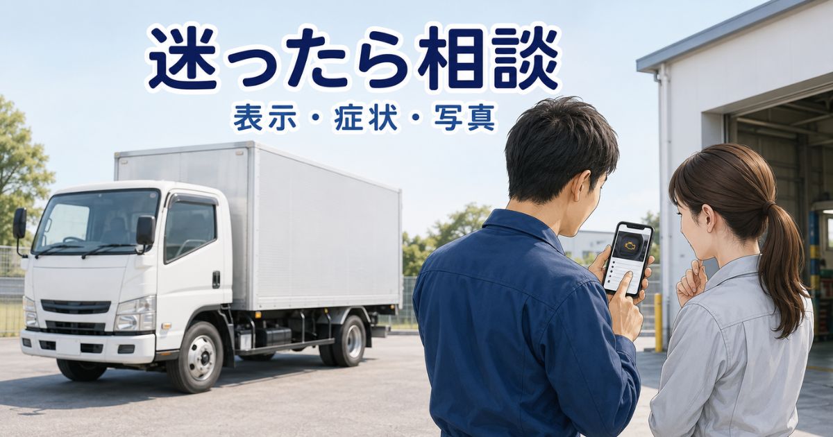 トラックの警告表示を記録して整備担当者へ相談する様子を表した写真風画像