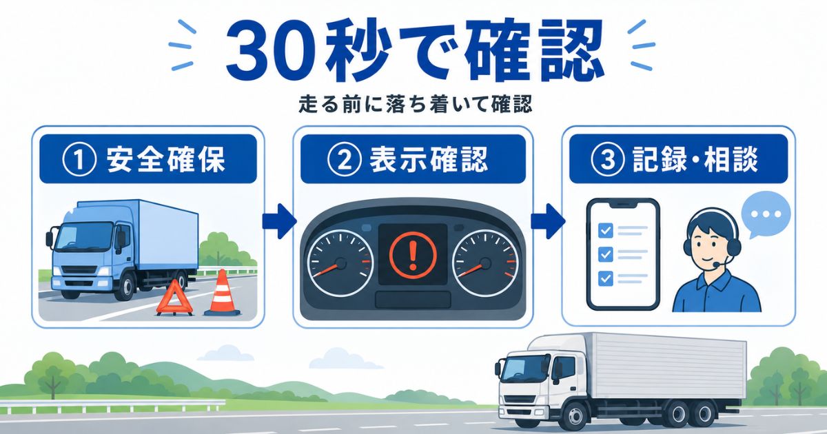 ビックリマーク点灯時に安全確保から表示確認と記録相談までの3段階を示す図解