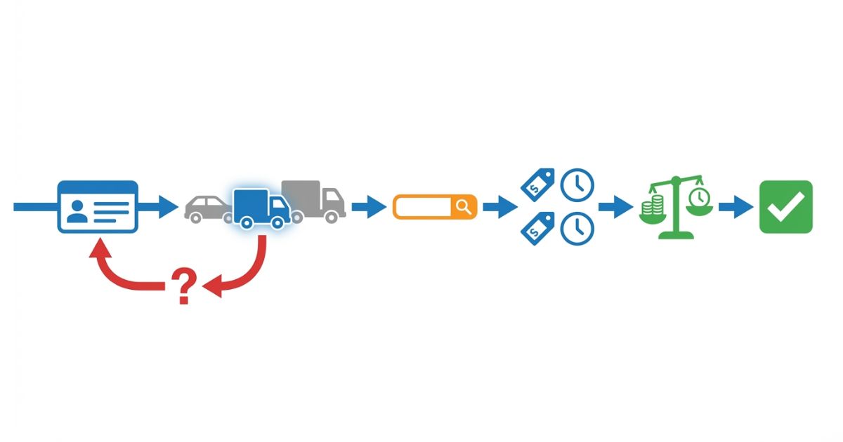 車検証情報から車種区分を確定し公式検索で概算を出して比較する流れの図解