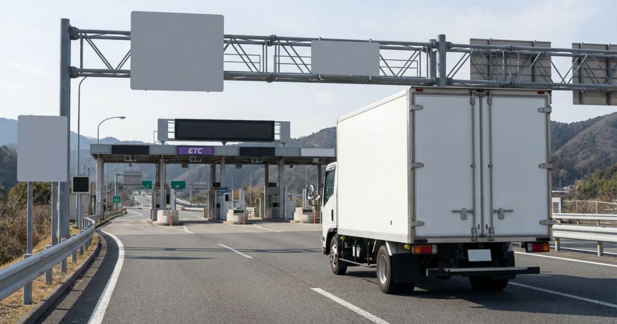 高速道路の料金所へ進入する前に料金イメージを確認するトラックの写真風イメージ