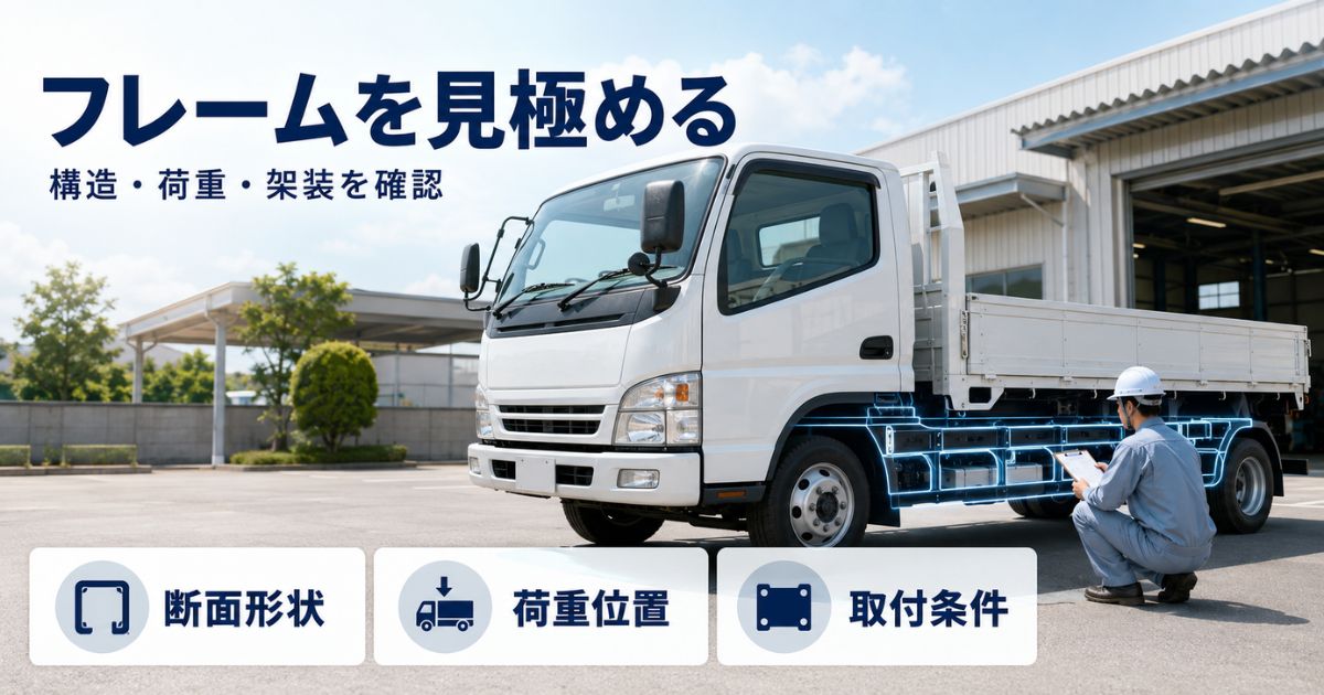 トラックのフレームを作業担当者が確認し、断面形状・荷重位置・取付条件の判断軸を示す