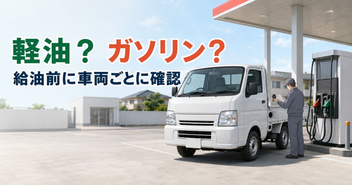 小型トラックの給油口と書類を確認し、軽油かガソリンかを車両ごとに判断する場面