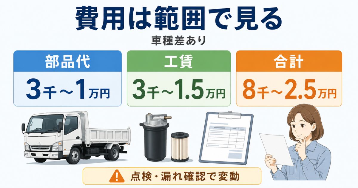 燃料フィルター交換費用の部品代と工賃と合計目安を示す数値カード図解