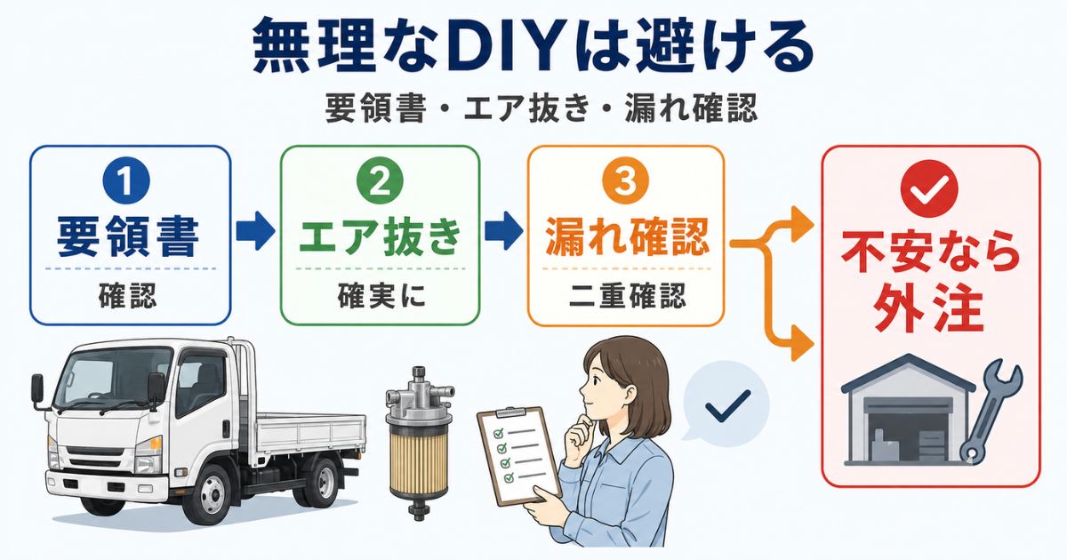 燃料フィルター交換をDIYするか整備工場へ任せるか判断する確認フロー図