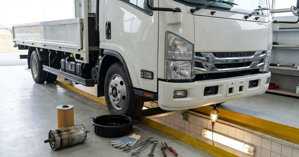 トラックの燃料フィルター交換を連想させる整備ピットの写真