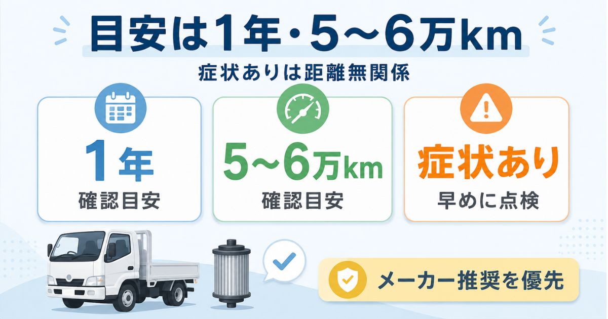 燃料フィルター交換の目安として1年と5万から6万kmと症状時の点検を示す図解