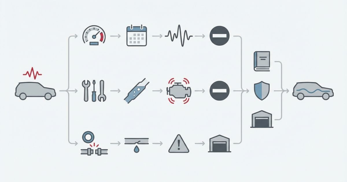 判断ミスやDIY失敗で始動不良や稼働停止につながる分岐を示す文字なし図解