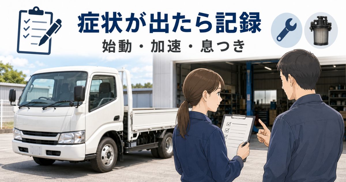 燃料フィルターの不調症状を記録して整備担当者へ相談するトラック点検イメージ