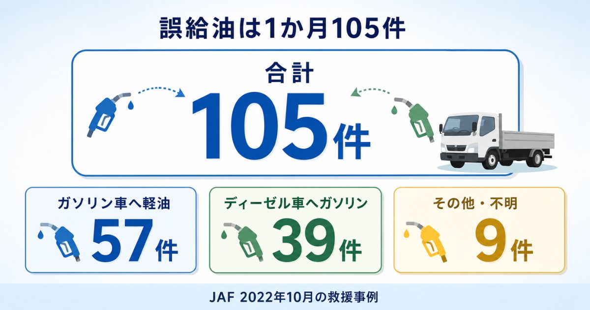 2022年10月にJAFが扱った誤給油105件と、ガソリン車へ軽油57件、ディーゼル車へガソリン39件の内訳