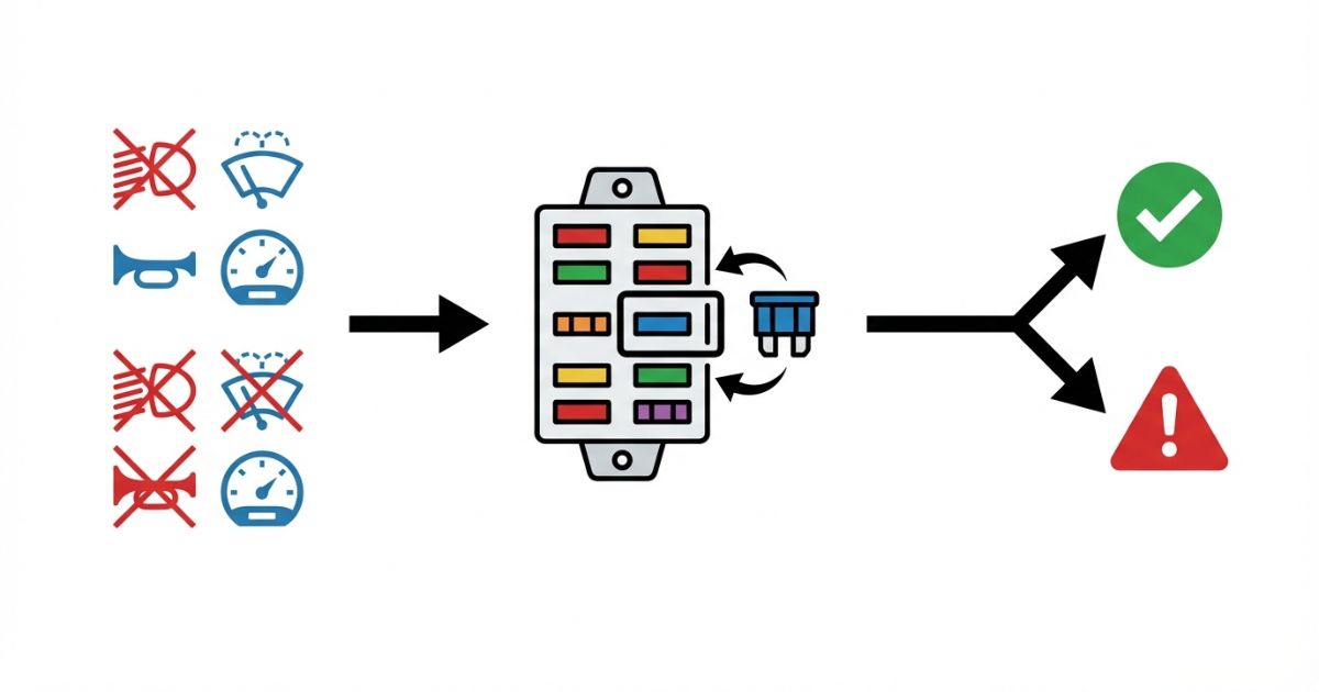 ヒューズ切れ対応の判断フロー図解（症状→回路特定→同容量交換→再発判定）