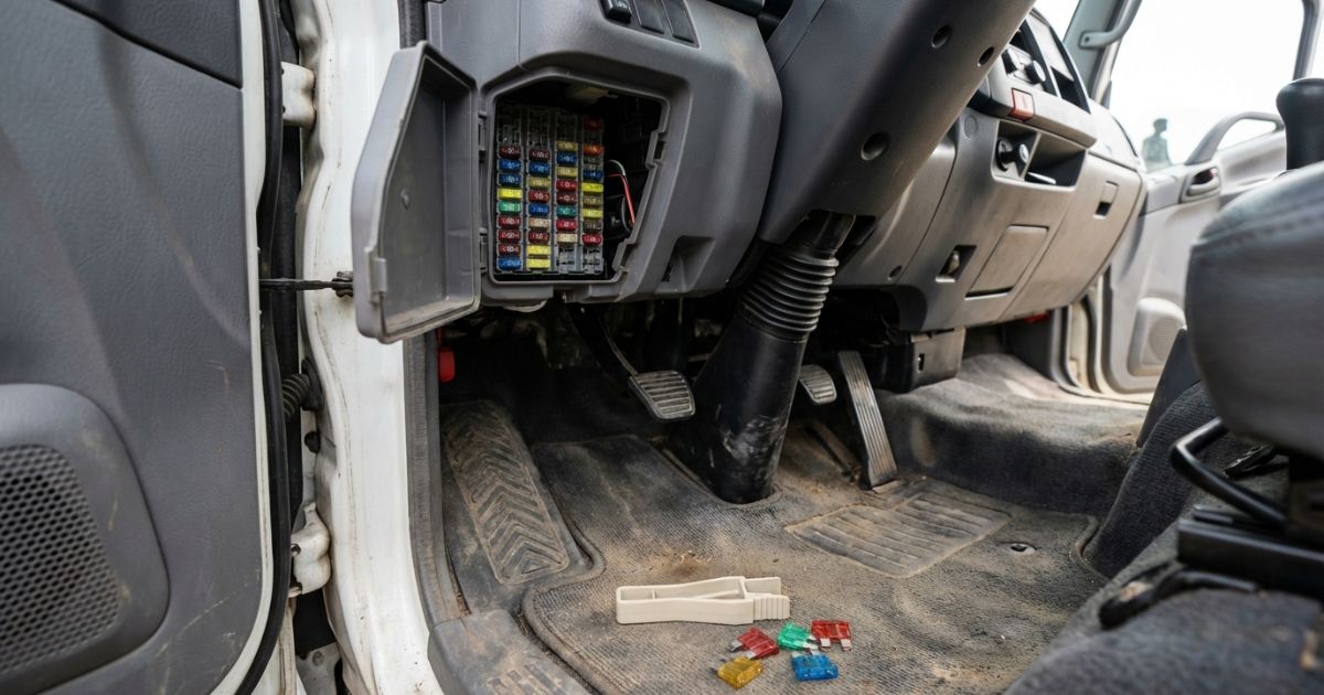 トラックのヒューズボックスを開けて点検する現場イメージ（予備ヒューズと工具）