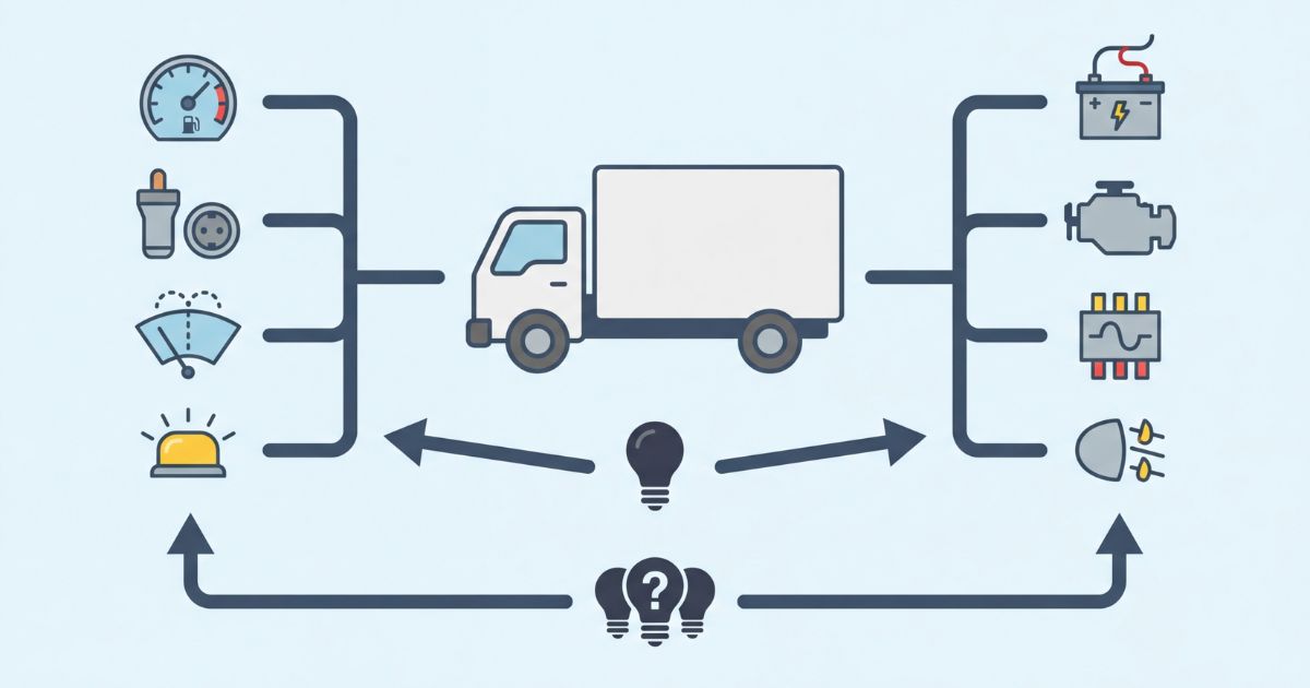 ヒューズ症状からキャビン内とエンジンルーム内の確認先を整理した図解