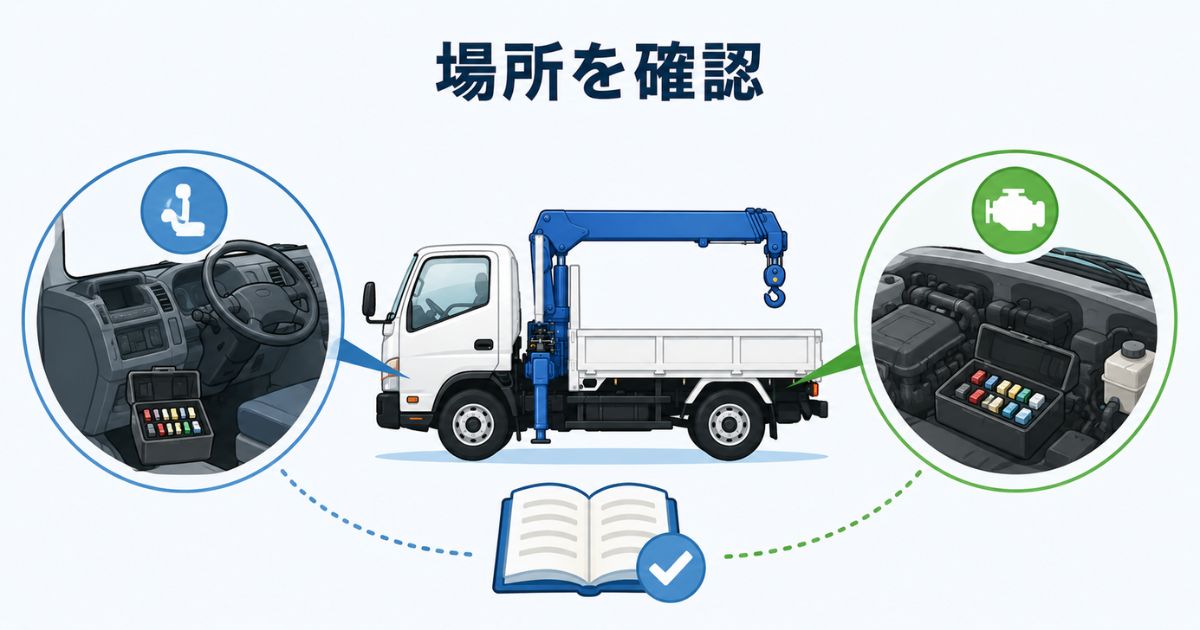 トラックのヒューズボックスをキャビン内とエンジンルーム内で確認する図解