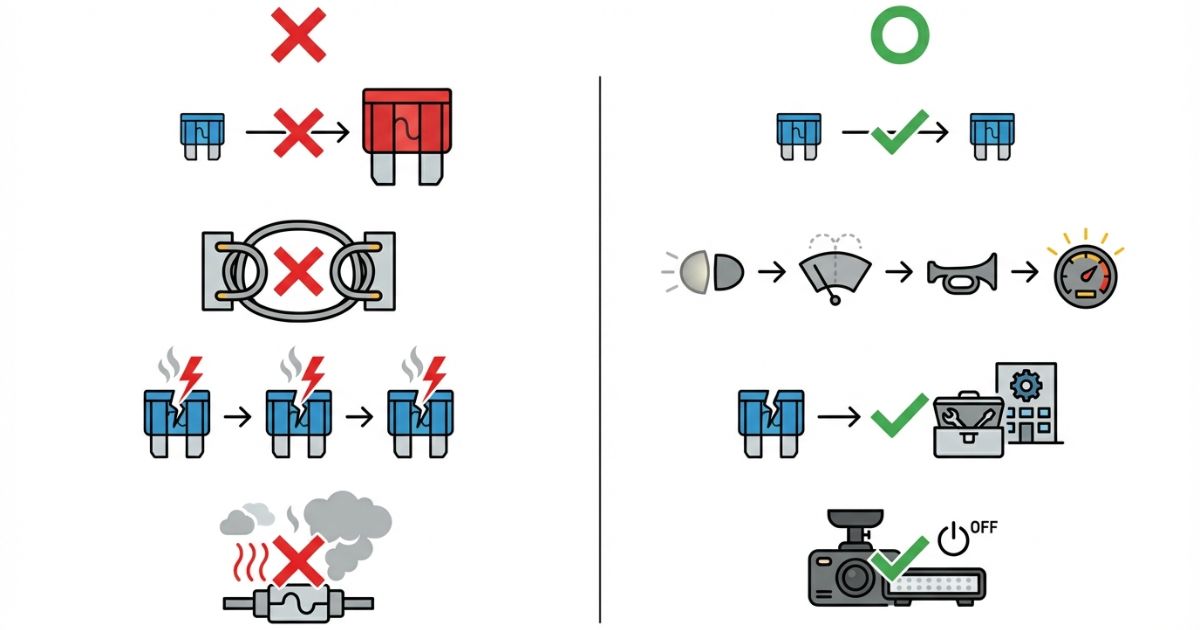 ヒューズ対応でやってはいけない行為と停止ラインの図解（容量アップ・直結・再発・過熱）
