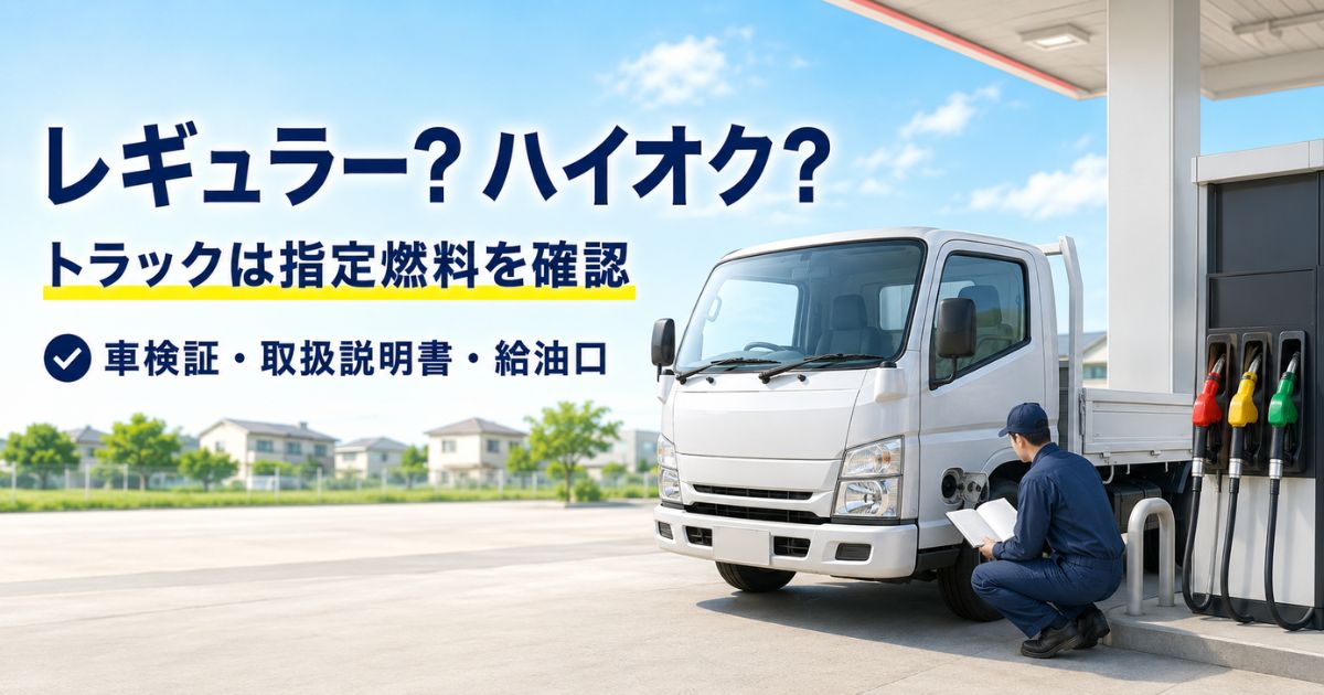 給油前に車検証や取扱説明書を確認し、トラックの指定燃料を確かめる作業担当者