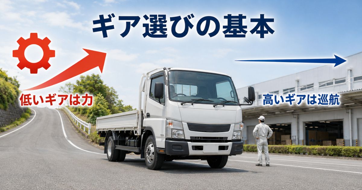 低いギアは発進や登坂、高いギアは巡航に向くことをトラックと道路で示した構成