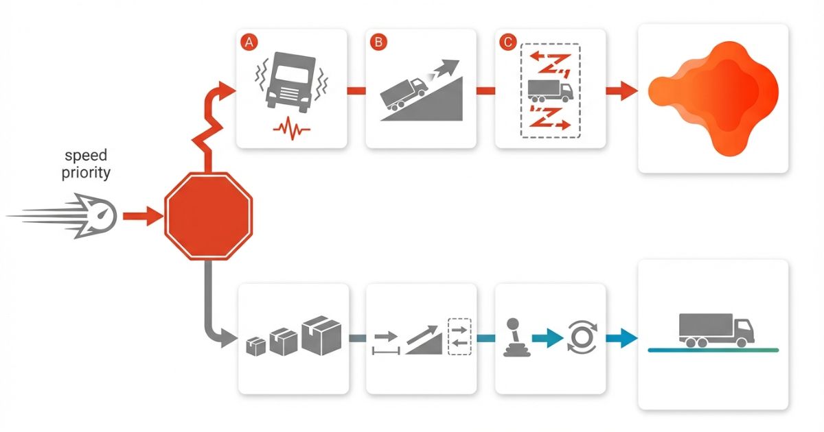 速度優先で起きる失敗と回避の判断順を示す文字なし図解