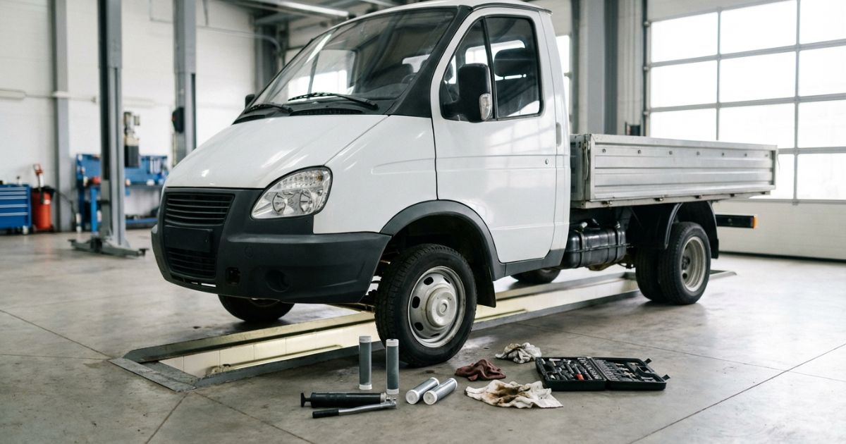 整備工場のピット内に停車した無地の小型トラックとグリスガン周辺用品の写真