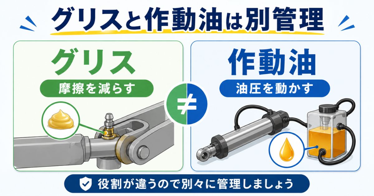 グリスは摩擦低減で作動油は油圧作動に使うことを比較した図解