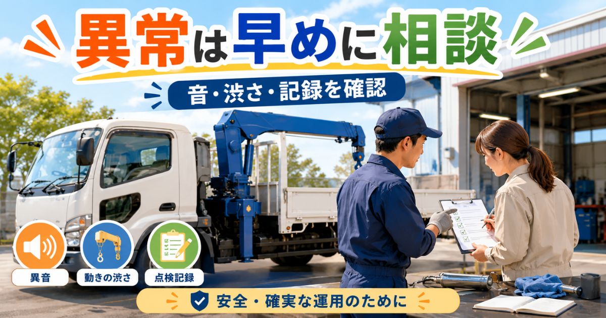 ユニック車の異音や動作の渋さを記録して整備担当者へ相談する様子