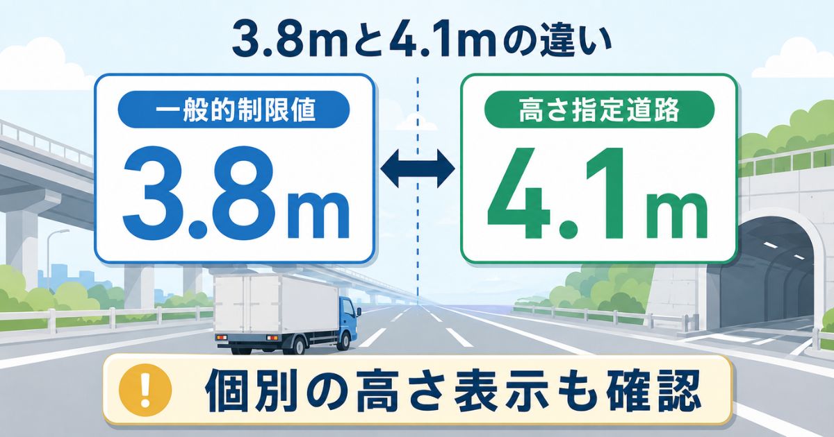 一般的制限値3.8mと高さ指定道路4.1mを比較し個別の高さ表示の確認を促す図解