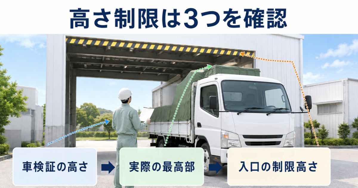 トラックの車検証の高さ、走行時の実際の最高部、入口の制限高さを確認する担当者