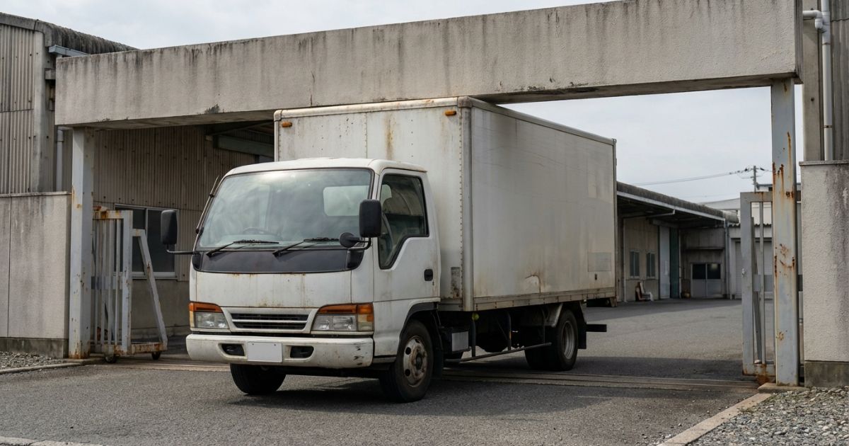 倉庫ゲート付近でトラックが高さクリアランスを確認する雰囲気の写真風イメージ