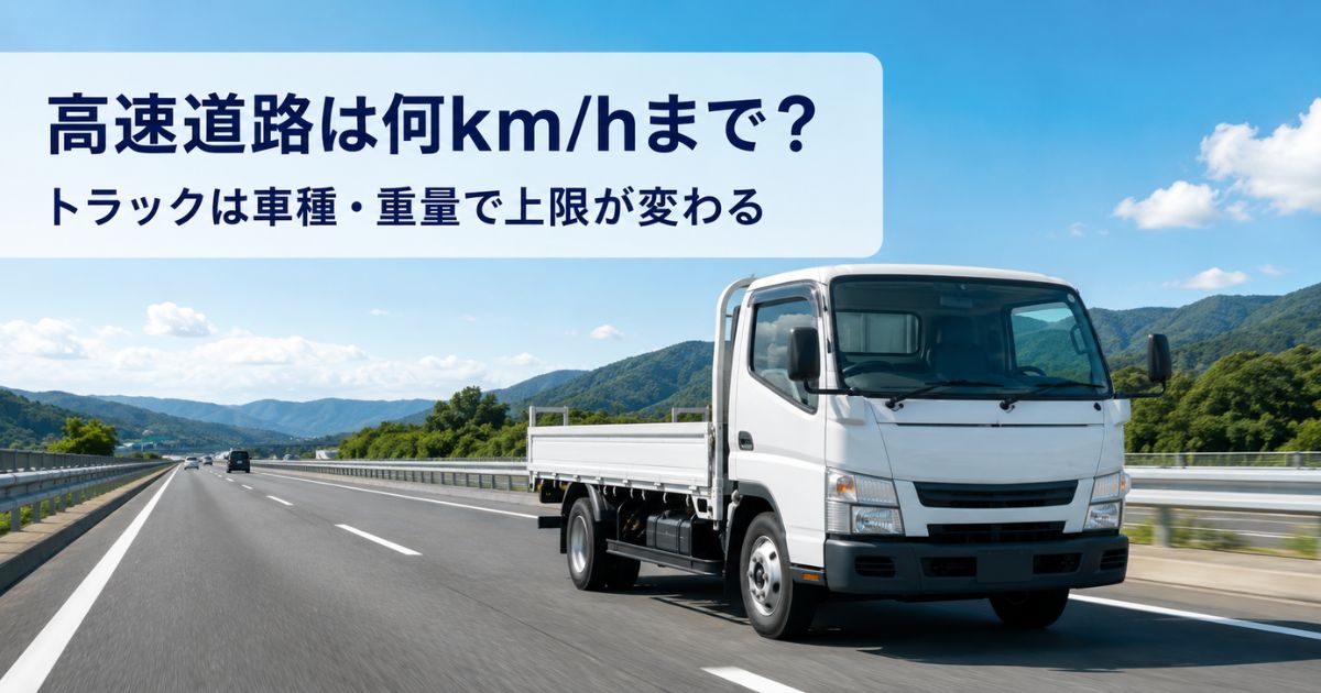 日本の高速道路を走るトラックと、車種や重量で最高速度が変わることを示すアイキャッチ