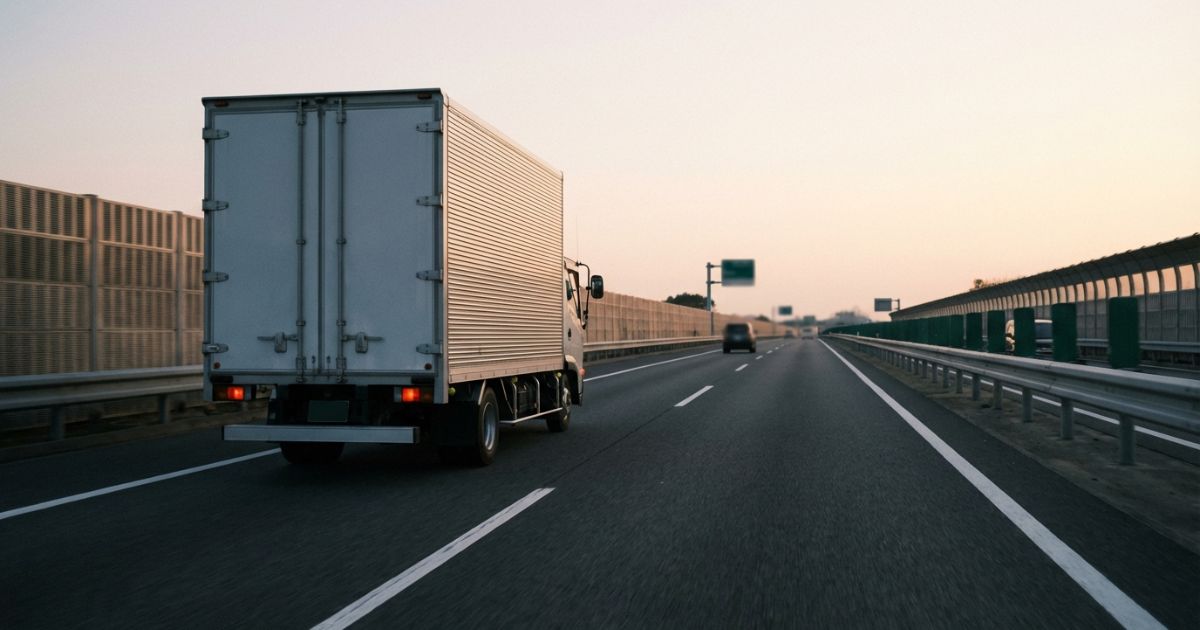 高速道路を走行する無地のトラックを後方から捉えた写真