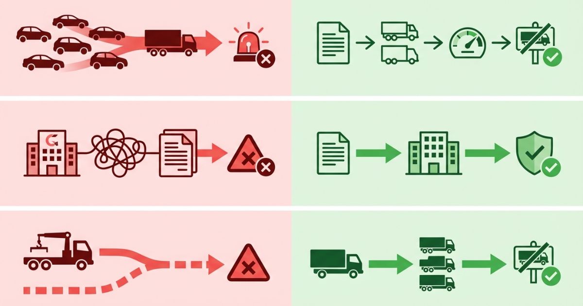 速度判断の失敗例と回避策を3パターンで対比した文字なし図解