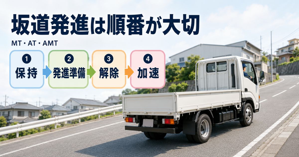 坂道で停止したトラックと保持から加速までの4段階を示す坂道発進のアイキャッチ