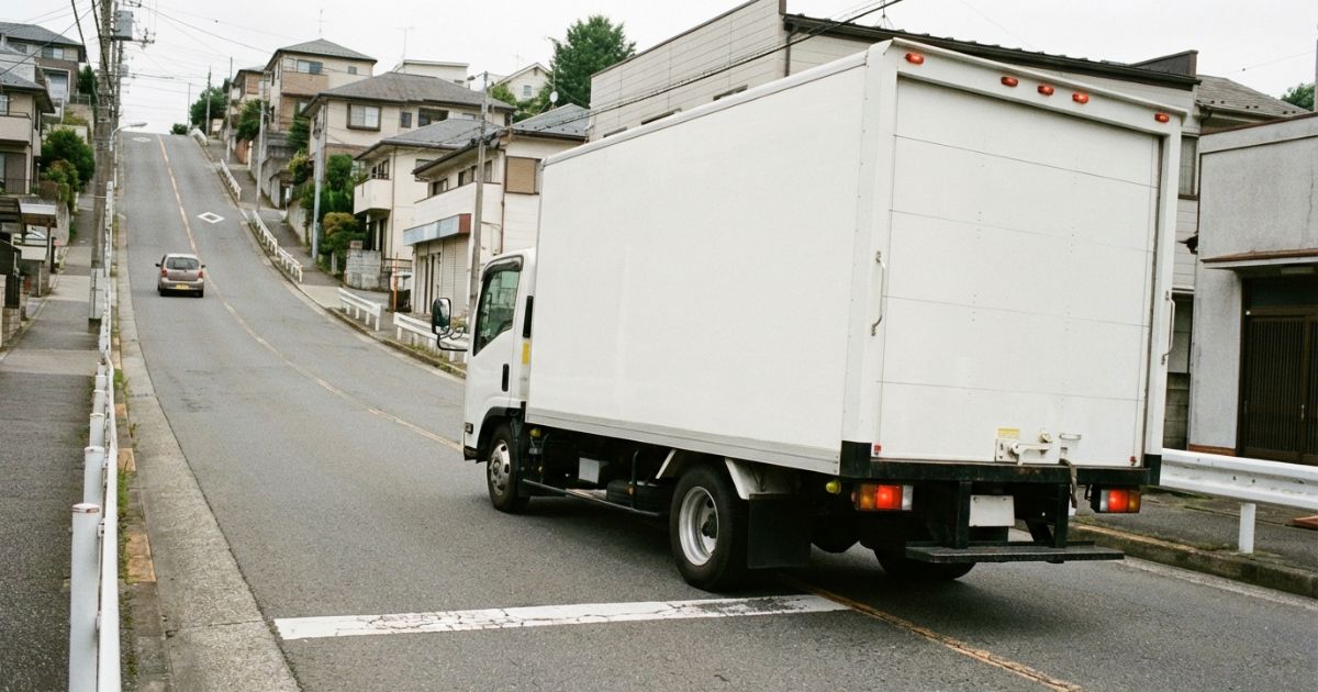坂道で停止した業務用トラックが安全に発進しようとしている現場イメージの写真